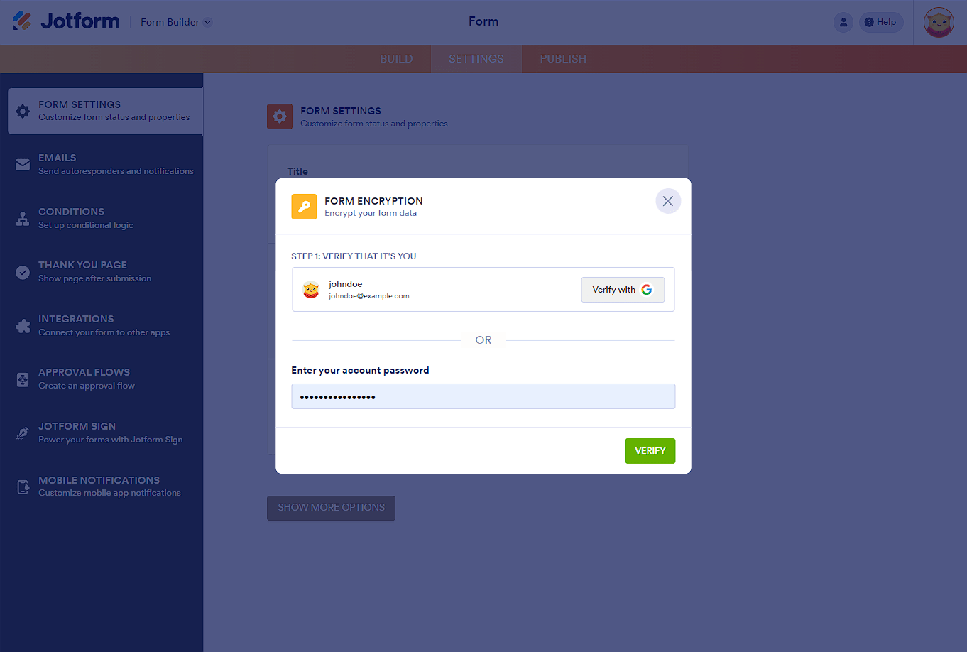 Verification phase of the Form Encryption in Jotform Form Builder
