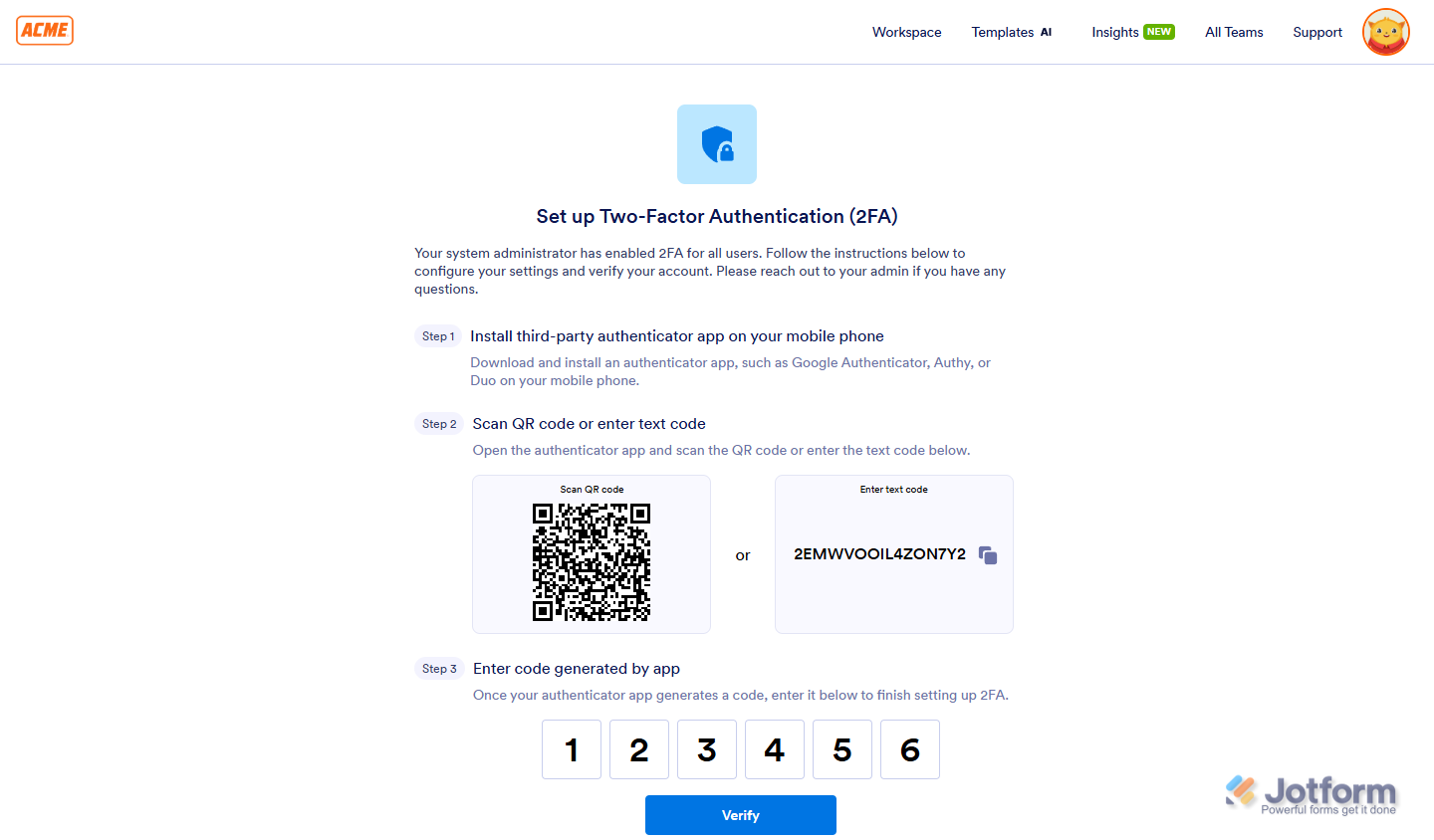 Two-factor authentication setup page displayed after enabling mandatory 2FA for an admin account