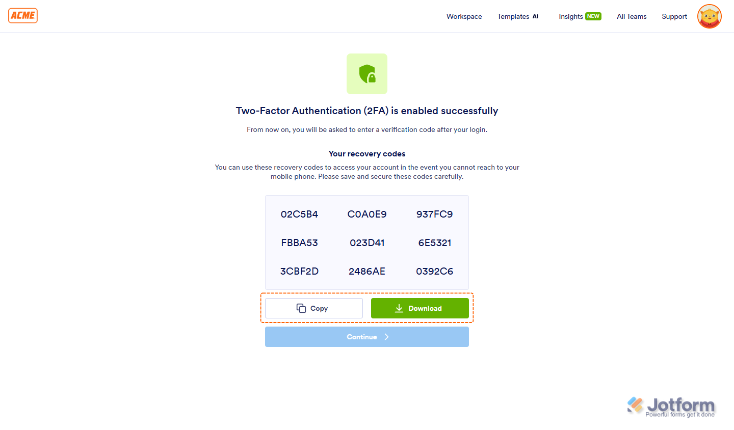 Two-factor authentication setup showing recovery codes with options to copy or download them for account recovery