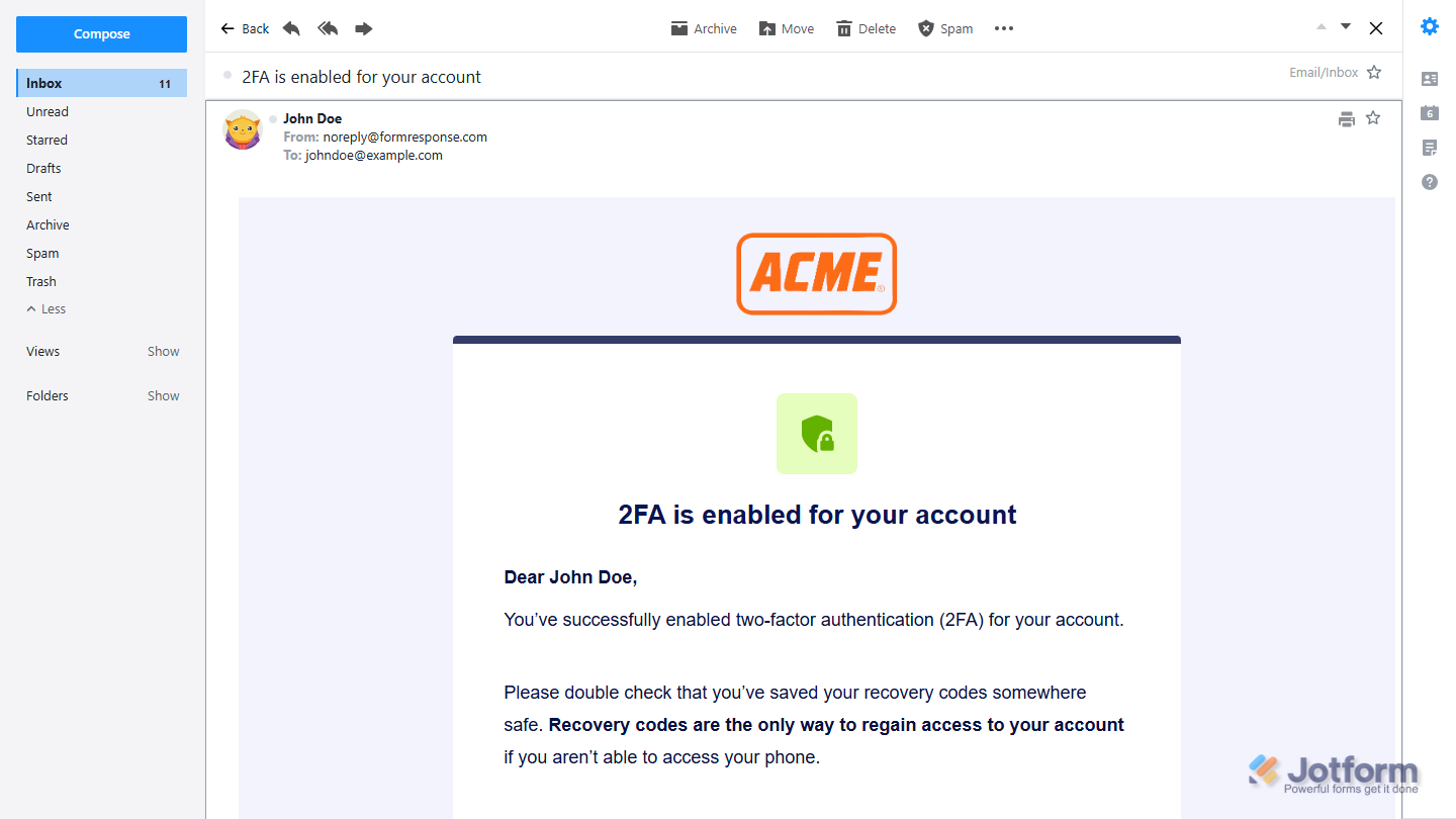Confirmation screen showing that two-factor authentication has been successfully enabled for an Enterprise account