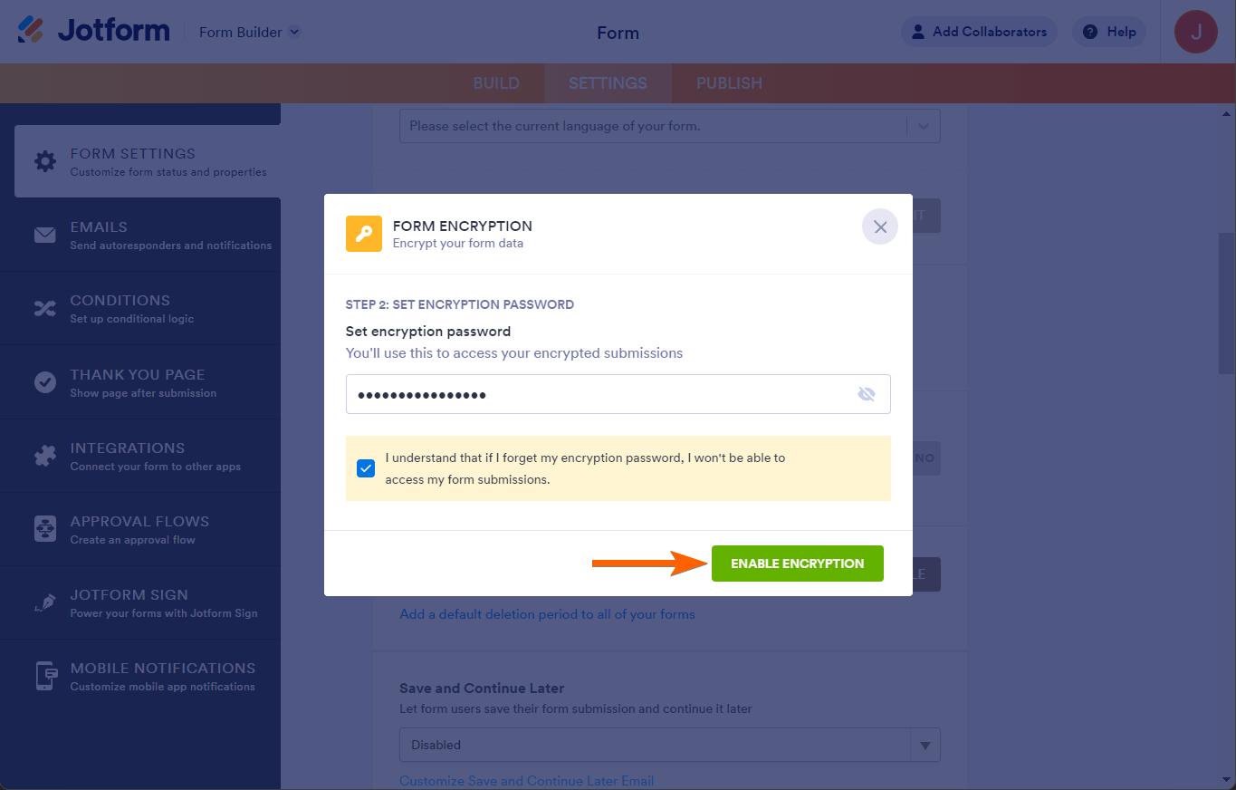 Kata sandi Enkripsi pada pengaturan Enkripsi Formulir di Pembangun Formulir Jotform