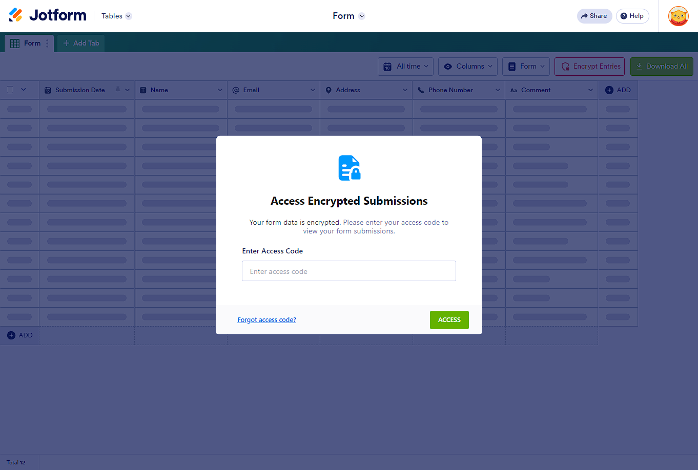 Jotform Tables with the popup window to enter the access code for encrypted form to view submissions
