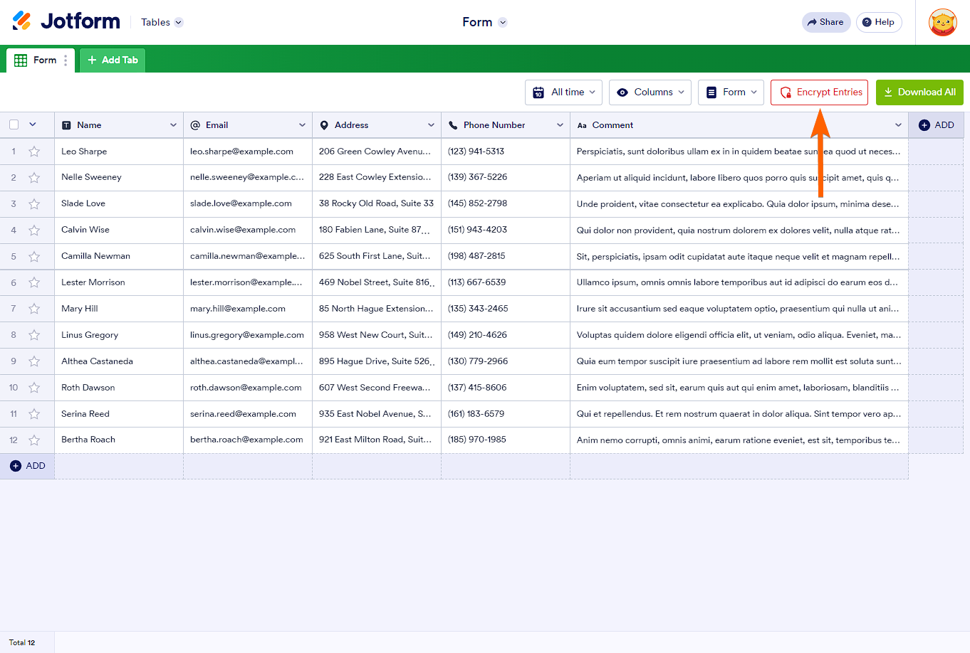 Encrypt Entries button in Jotform Tables