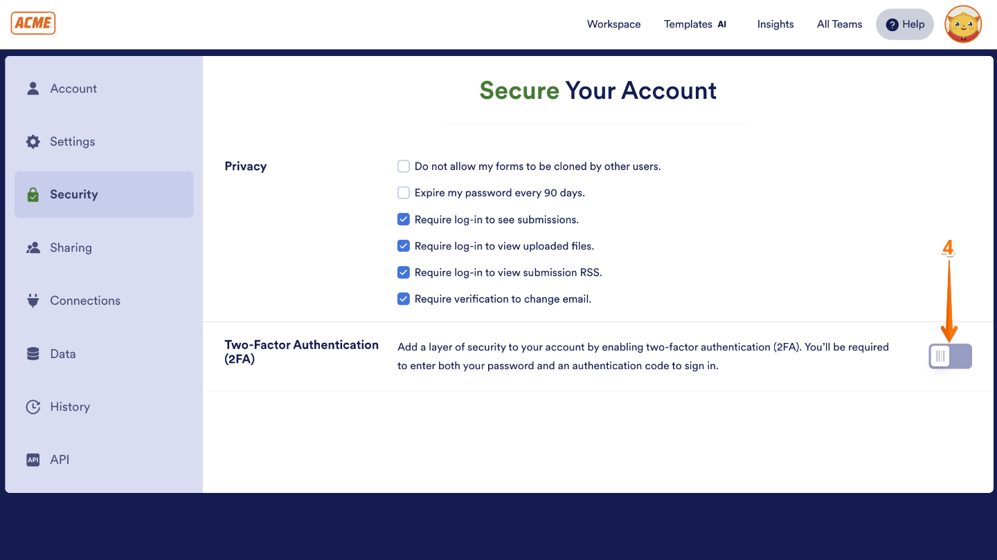 Security settings page showing the Two-Factor Authentication (2FA) toggle enabled under Secure Your Account