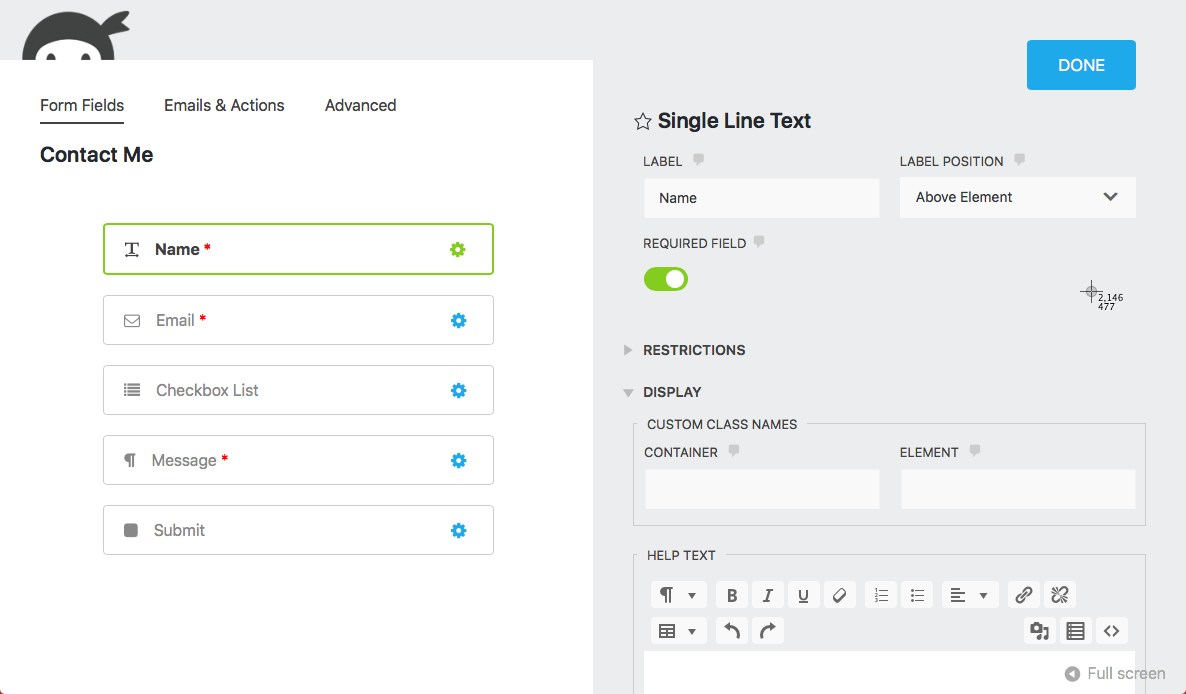 user interface of ninja forms