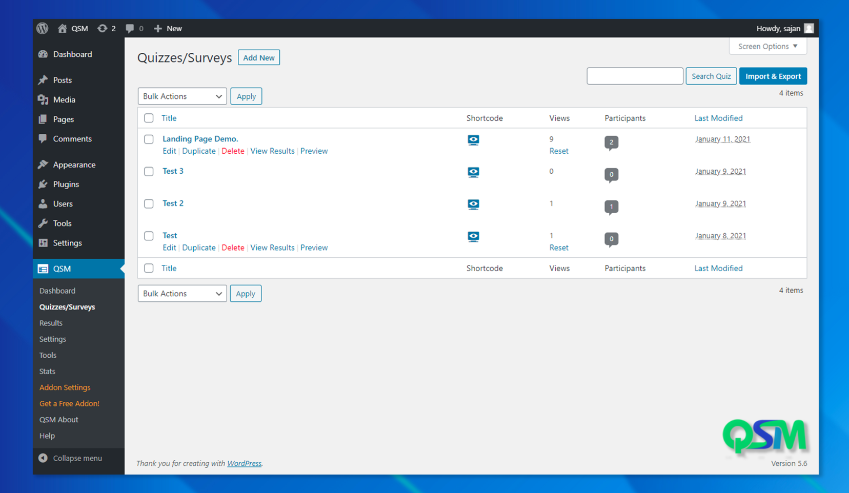 user interface of quiz and survey master