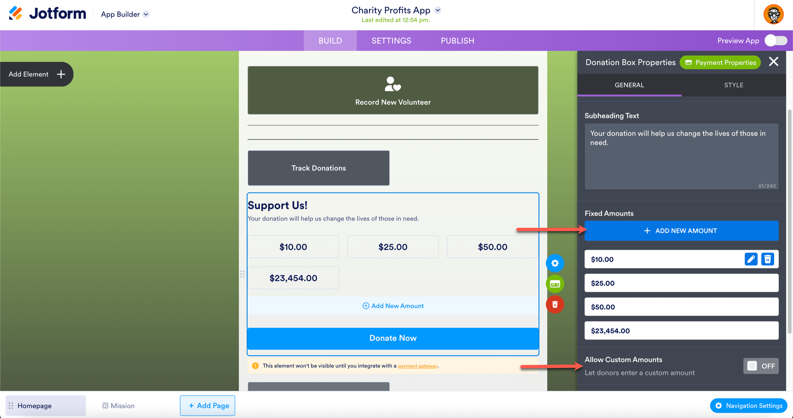 Fixed Amounts and Allow Custom Amounts Features of Donation Box Properties
