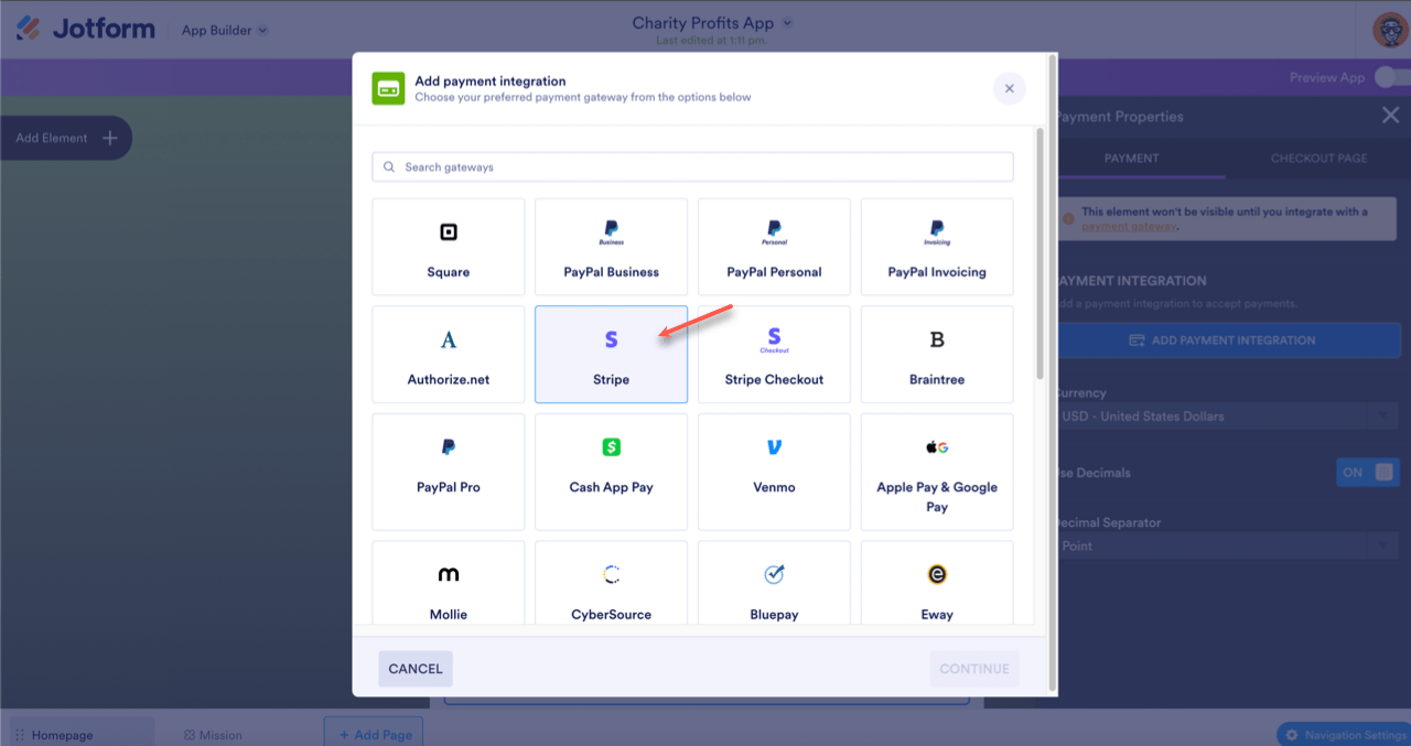 Add Payment Integration Menu Under the Payment Properties of Donation App