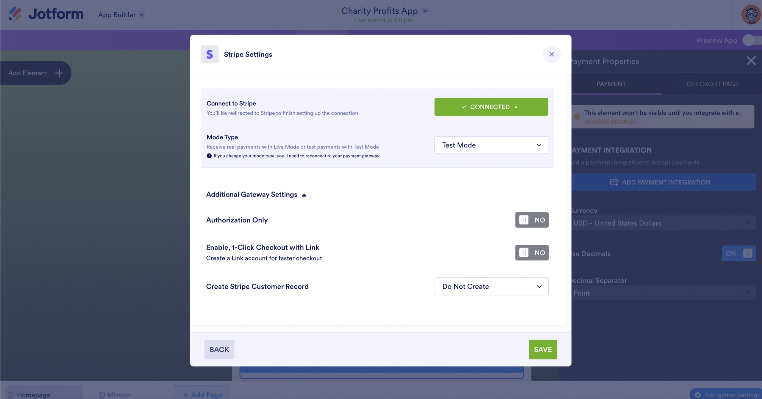 Donation App Stripe Settings Showing that the Connection to Integration Was Successful
