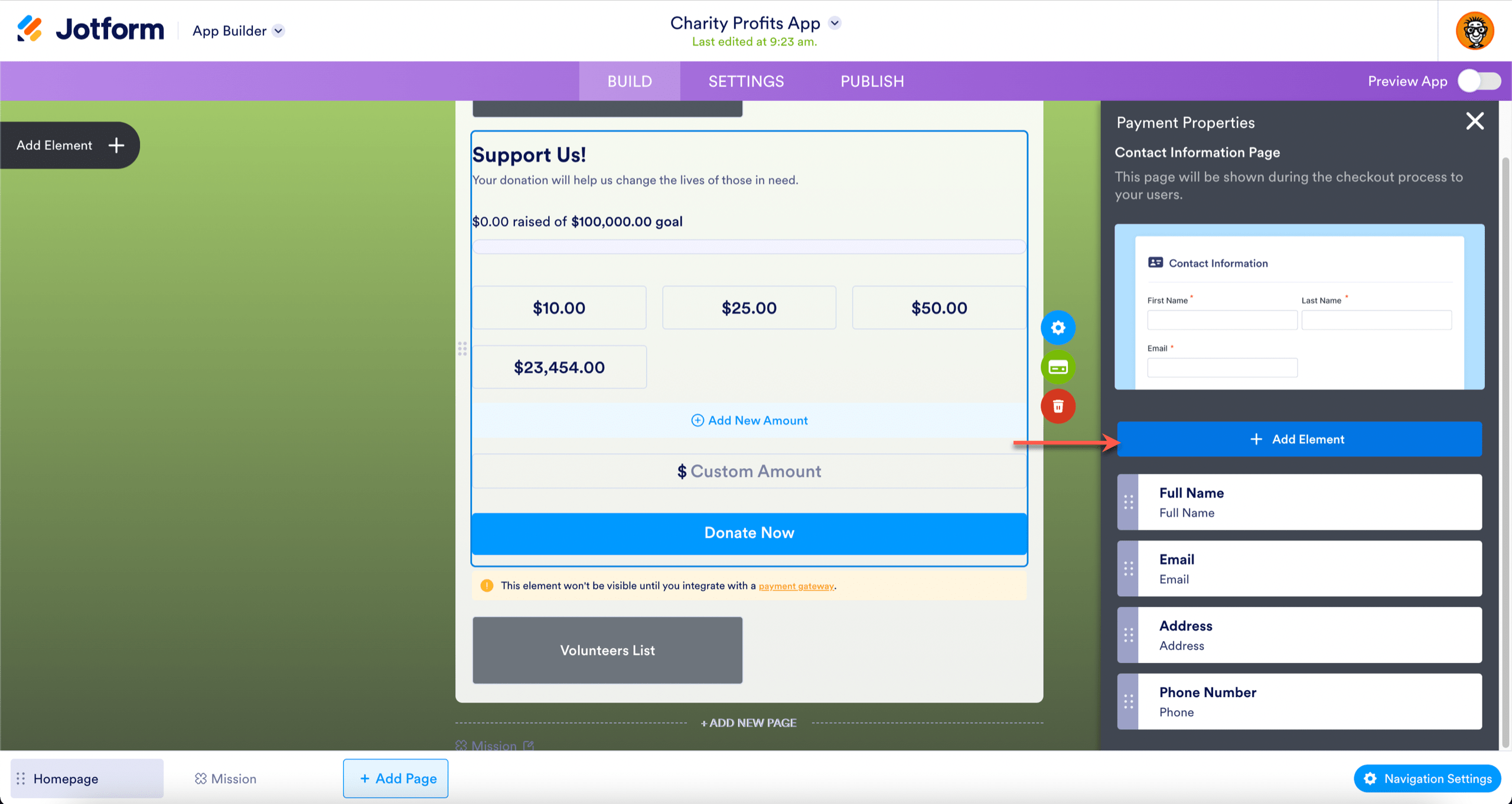 Donation App Contact Information Page of Payment Properties Clicking on Add Element