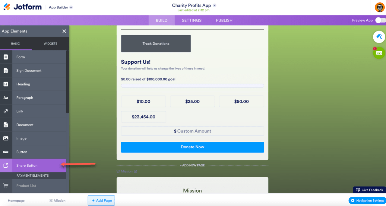 Share Button Element of the Donation App