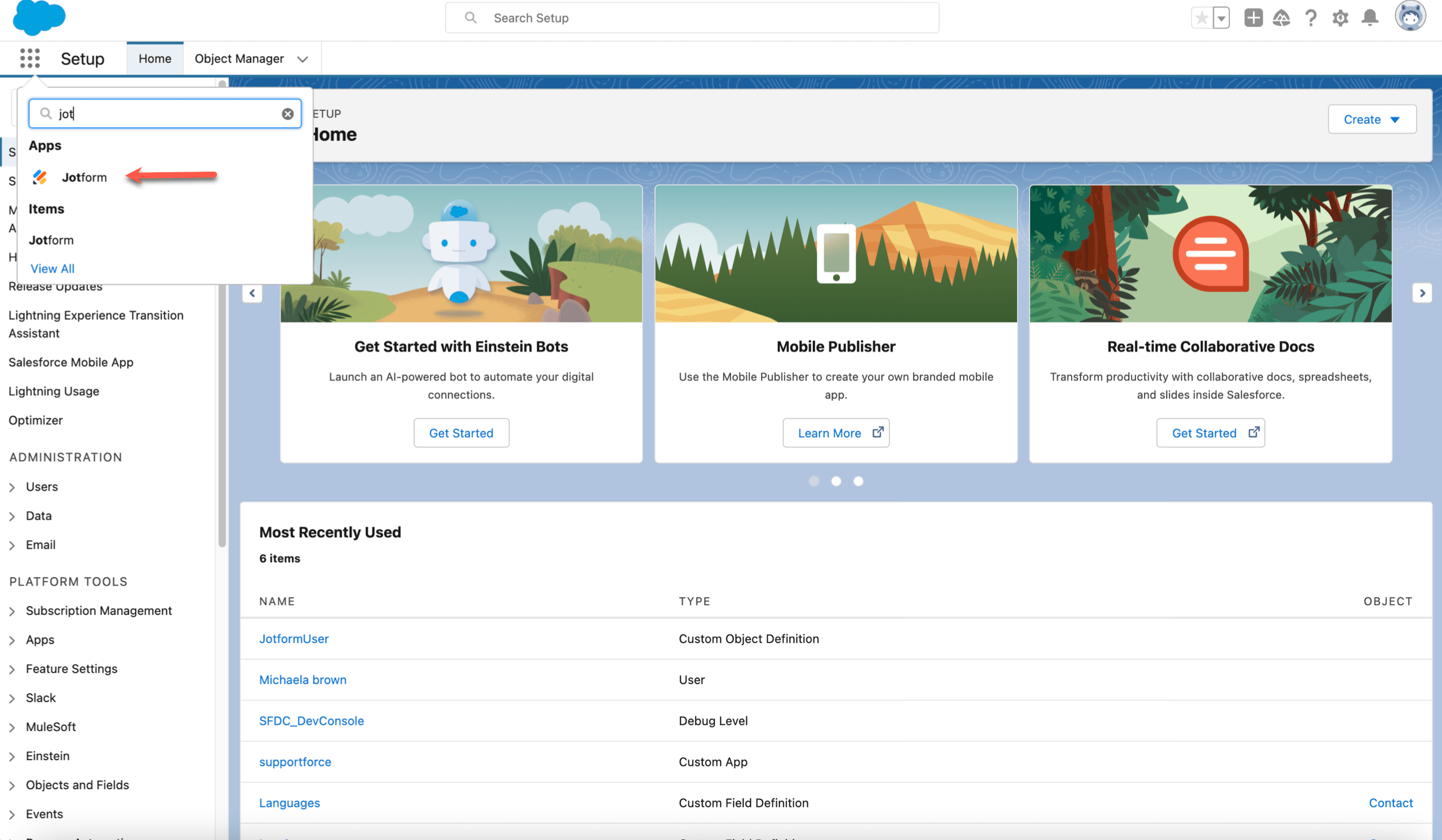 View of Salesforce Homepage Searching for Jotform