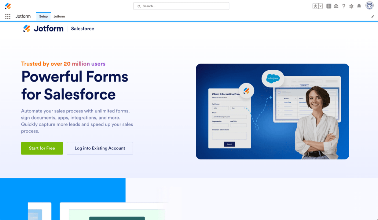 Jotform's Setup Page in the Salesforce AppExchange