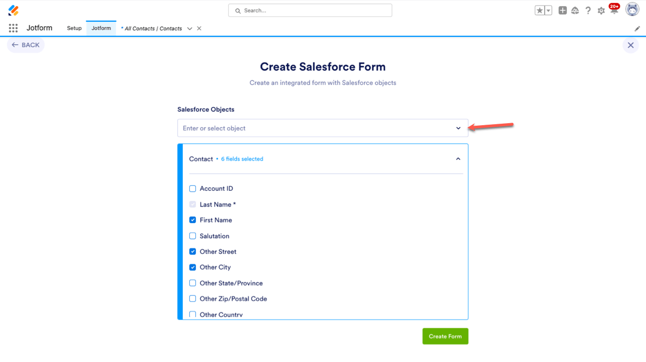 Creating a Salesforce Form with Jotform in Salesforce AppExchange Selecting Fields to Include to the Form