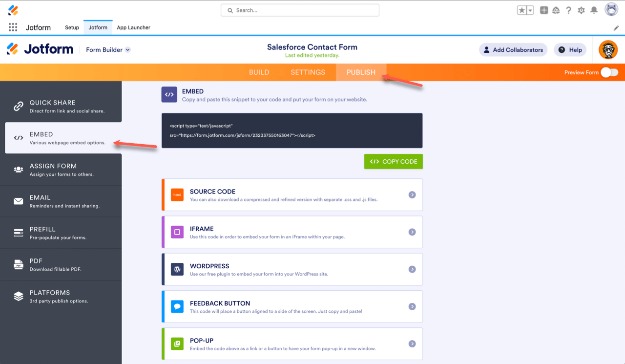 Publish Options of Jotform Form Builder in Salesforce Clicking on Embed