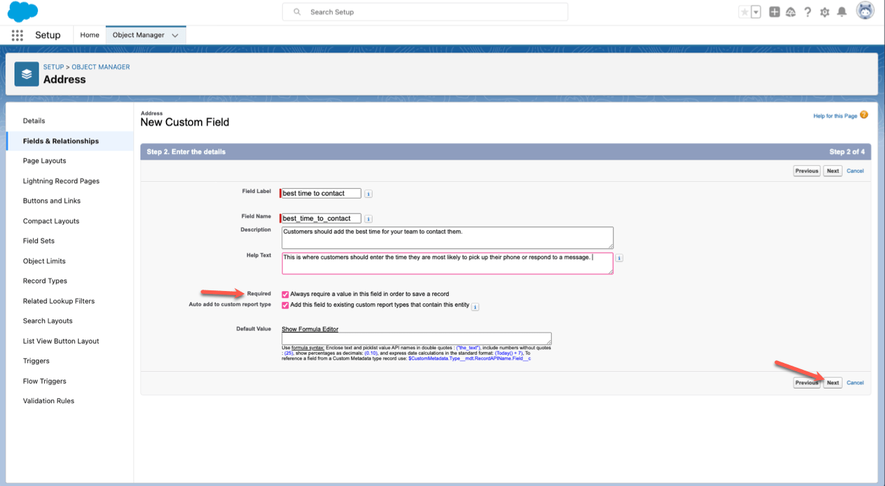 Fields and Relationships Tab of Address Object Adding New Custom Field Entering Details and Clicking on Next