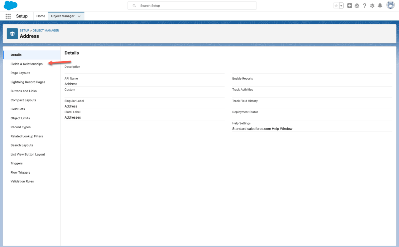 Editing the Address Object in the Object Manager of Salesforce Clicking on Fields and Relationships