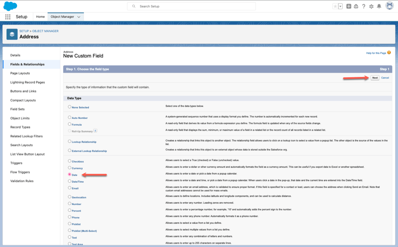 Fields and Relationships Tab of Address Object Adding New Custom Field Choosing Data Type