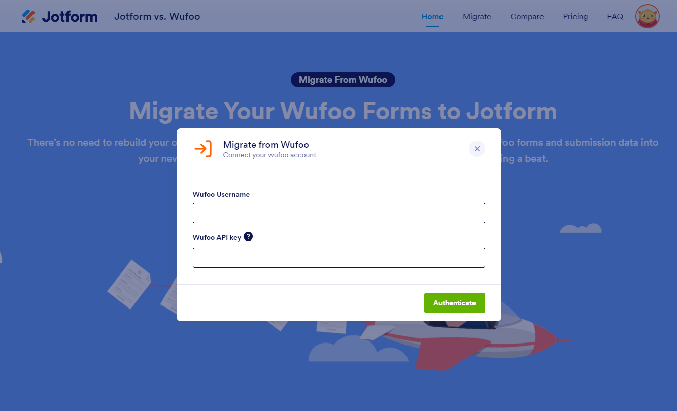 Wufoo Subdomain/Username and API Key screen in the Wufoo to Jotform Import Tool