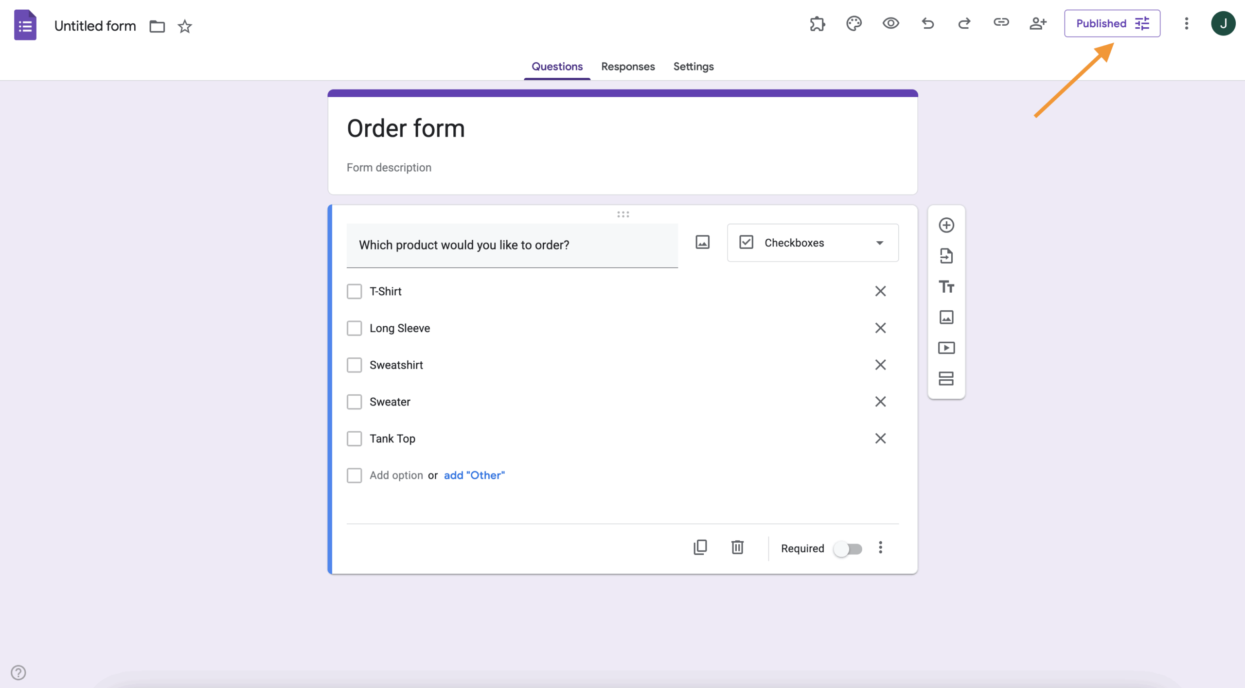 Screenshot of the “published” button and top menu of a Google Form