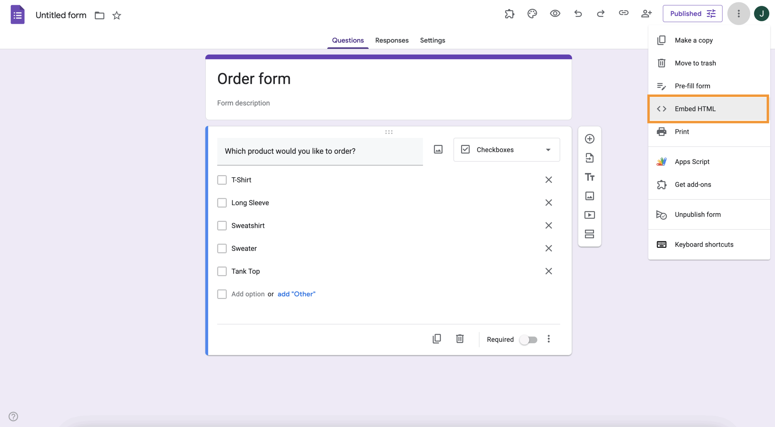 clicking the embed html on google forms