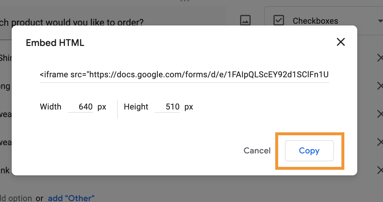 Screenshot of the Google Forms send menu, with the “Embed” option currently open