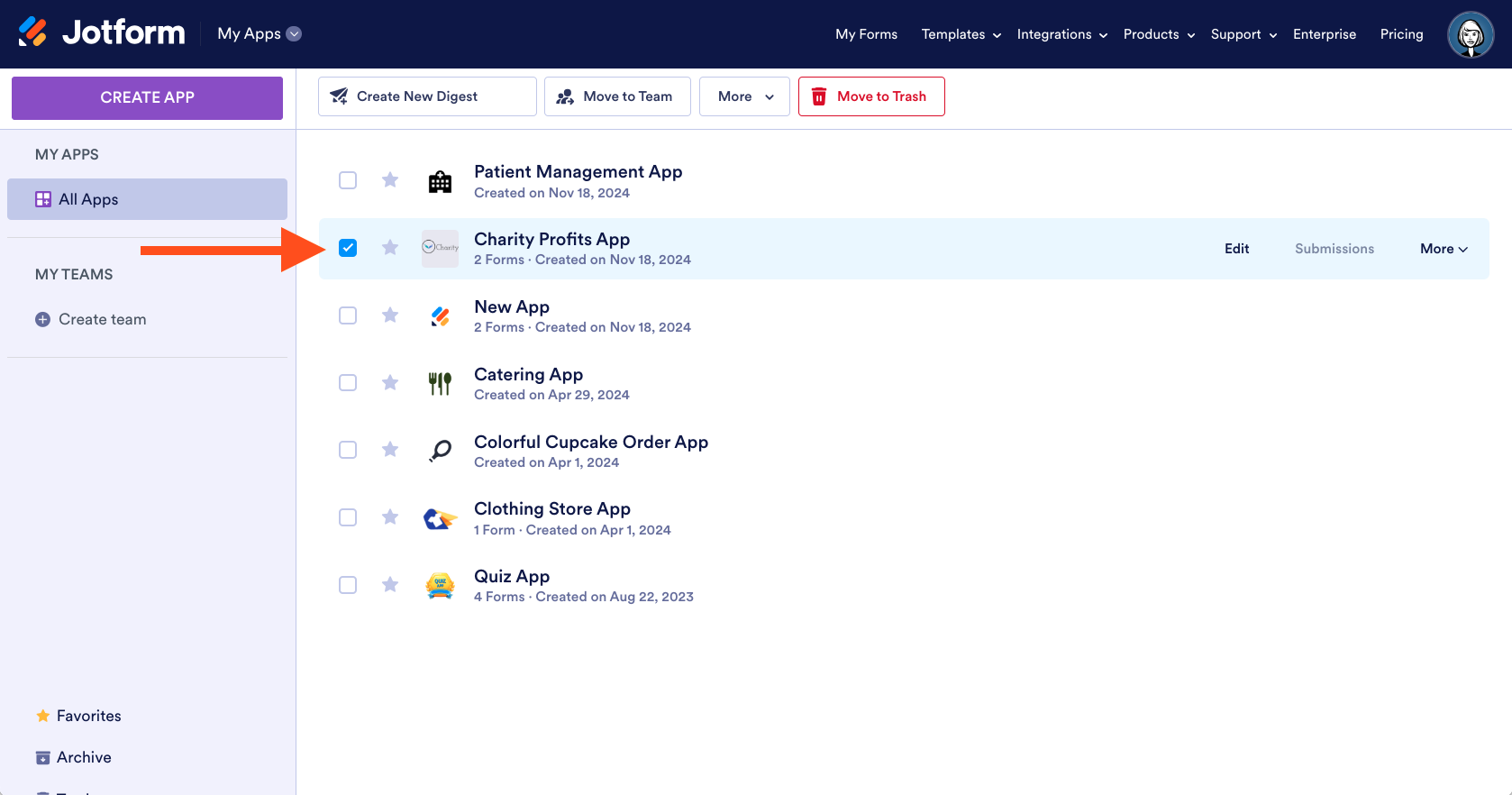 Jotform My Apps View Clicking on Charity Profits App