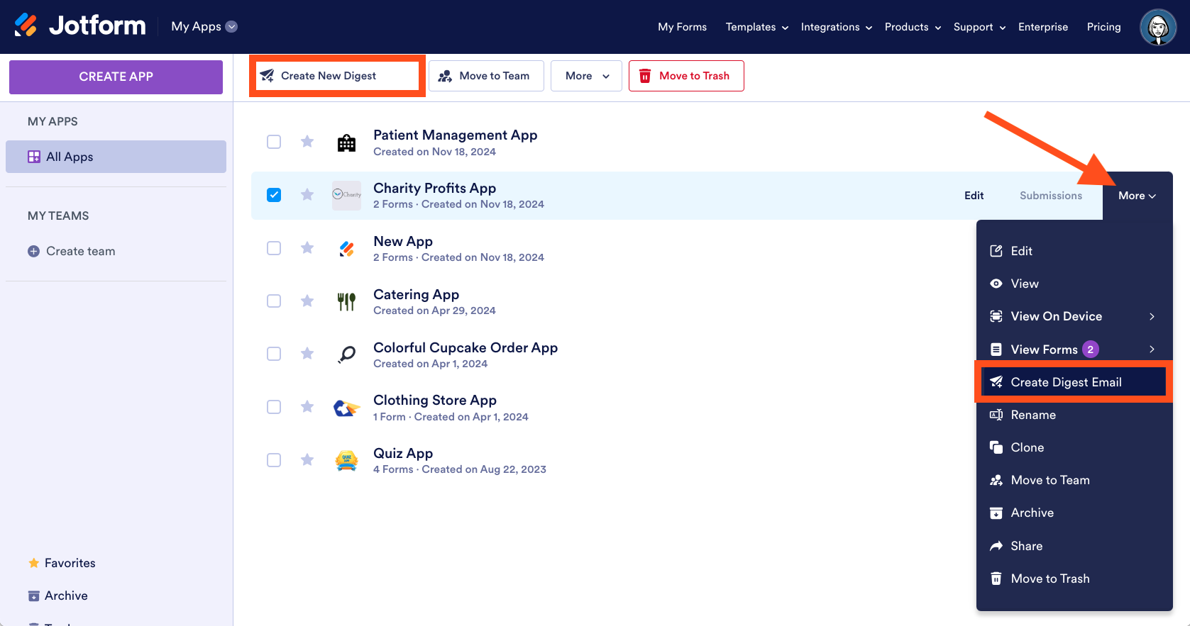 Jotform My Apps View Clicking on Create Digest Email