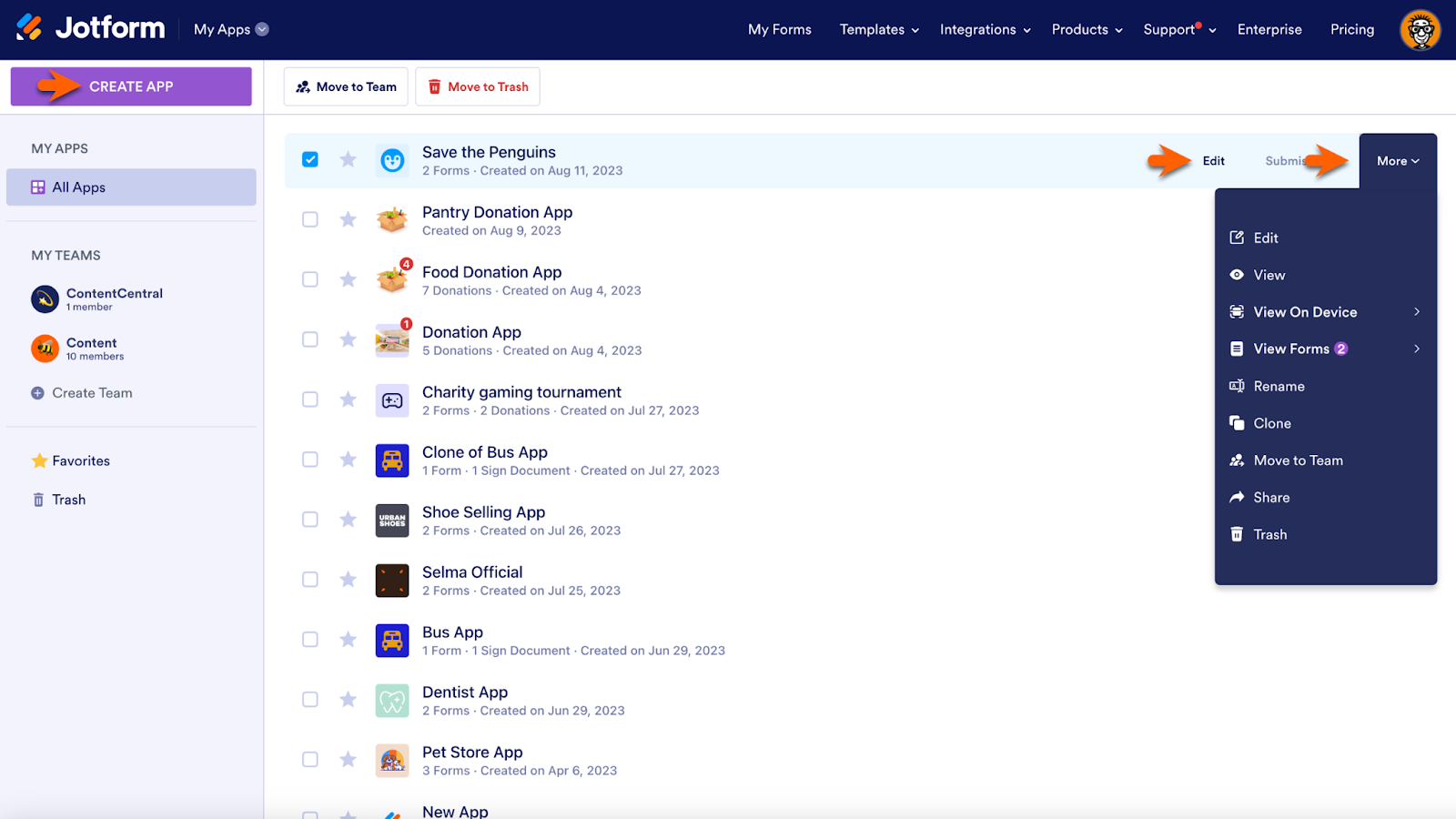 Screenshot of the My Apps page highlighting a purple 'Create App' button, which allows users to create a Donation App, use a template, or clone an existing app