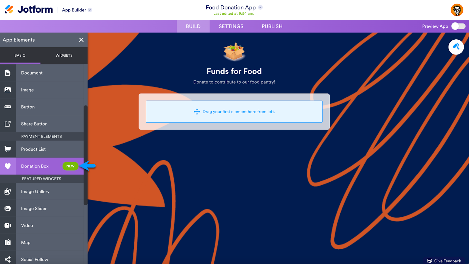 Screenshot showcasing the App Elements menu with a draggable 'Donation Box' element, illustrating how to drag and drop it into an app