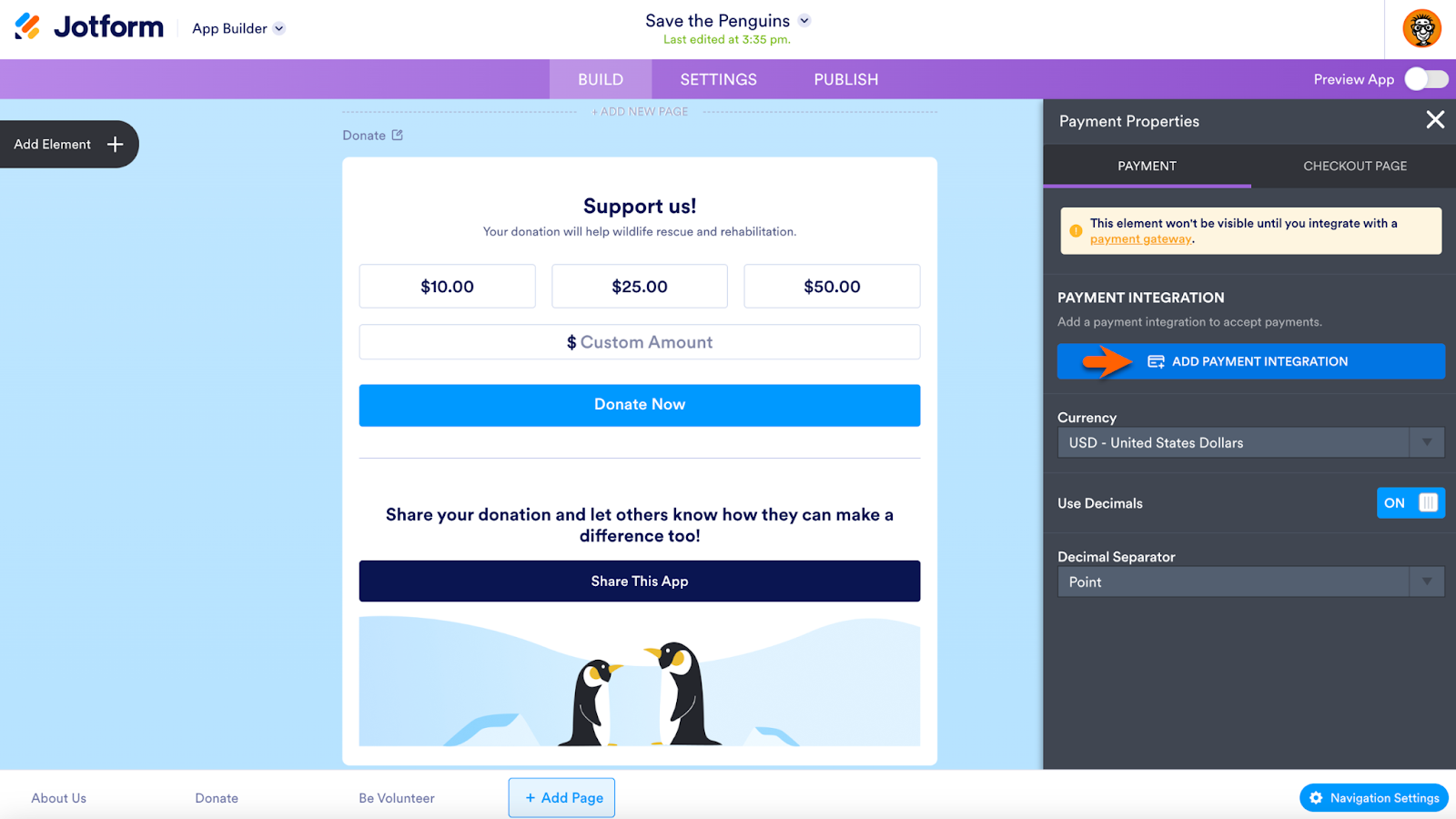 Screenshot of the Payment Properties menu featuring an 'Add Payment Integration' button and options for customizing currency format, including toggling decimals and choosing between comma or decimal point