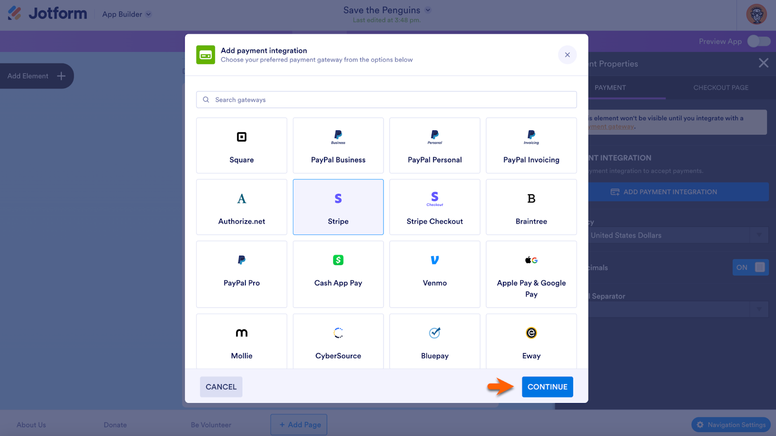 Screenshot displaying a selection of 30-plus payment gateways, highlighting Jotform's PCI DSS Service Provider Level I certification