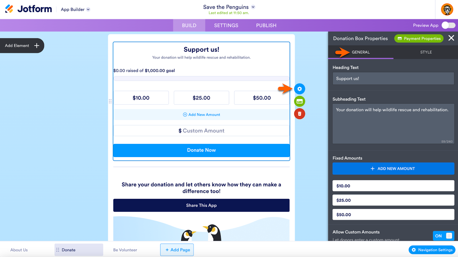 Screenshot highlighting the Donation Box with adjacent blue 'gear' icon, indicating access to the Donation Box Properties menu