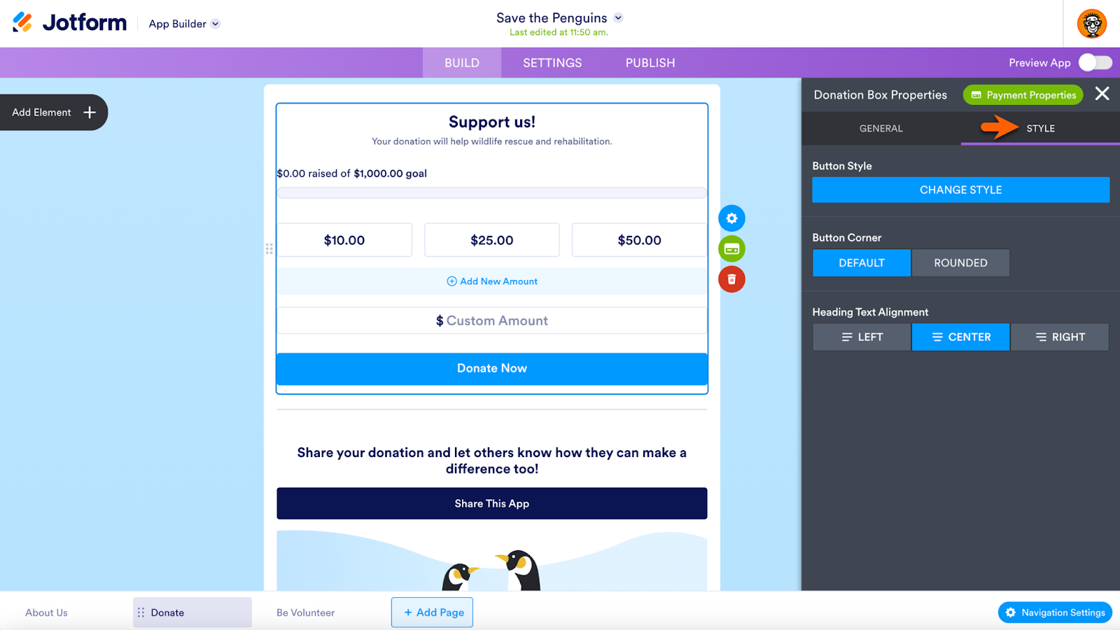 Screenshot showcasing the 'Style' tab within the Donation Box Properties
