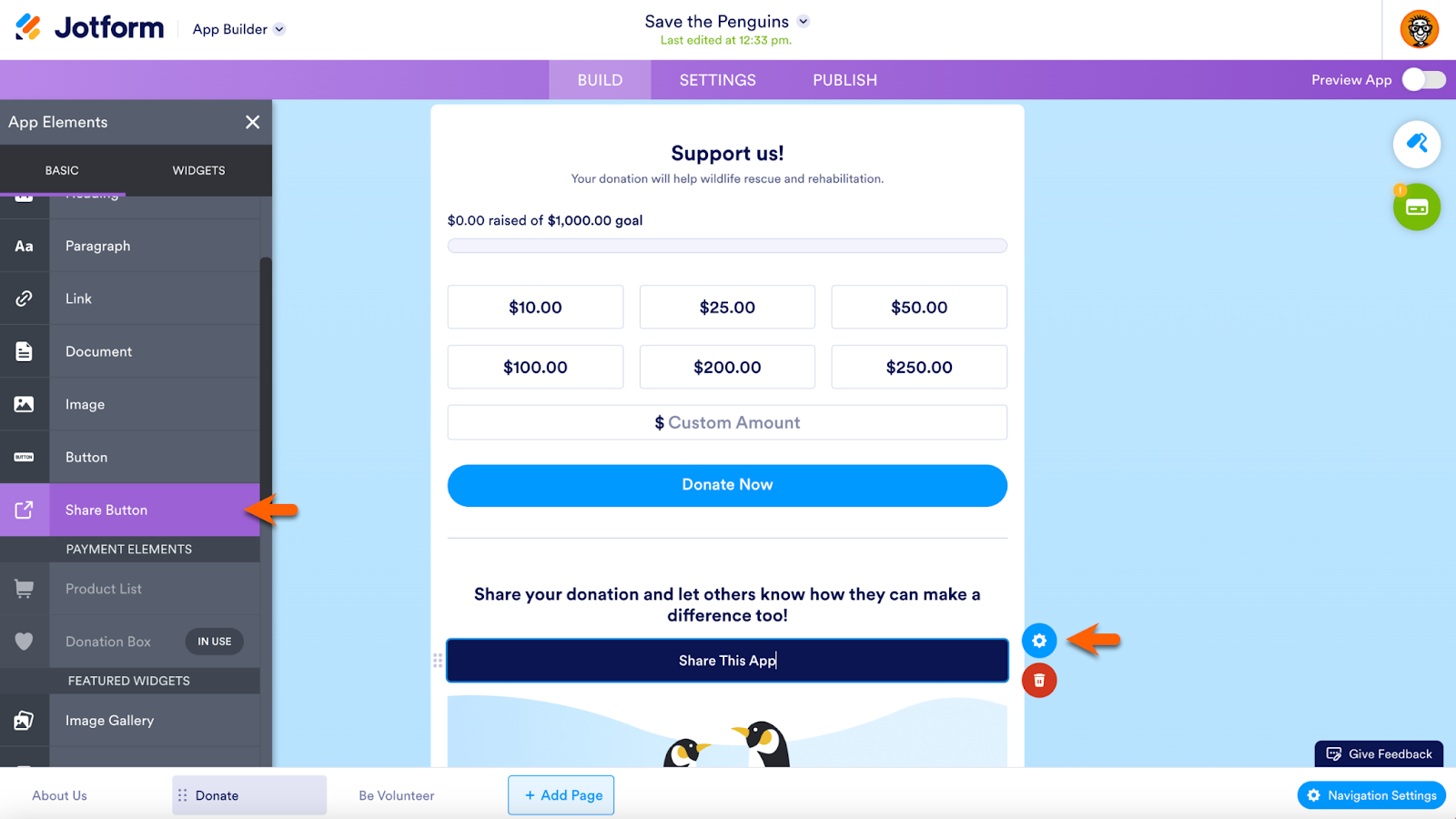 Screenshot illustrating the process of integrating a 'Share Button' into a Donation App