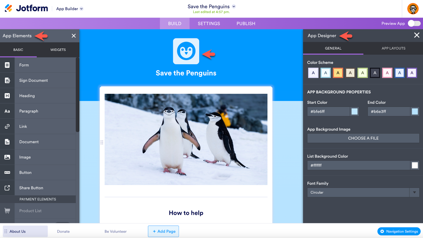 Screenshot showcasing a variety of tools and features within the Jotform App Builder