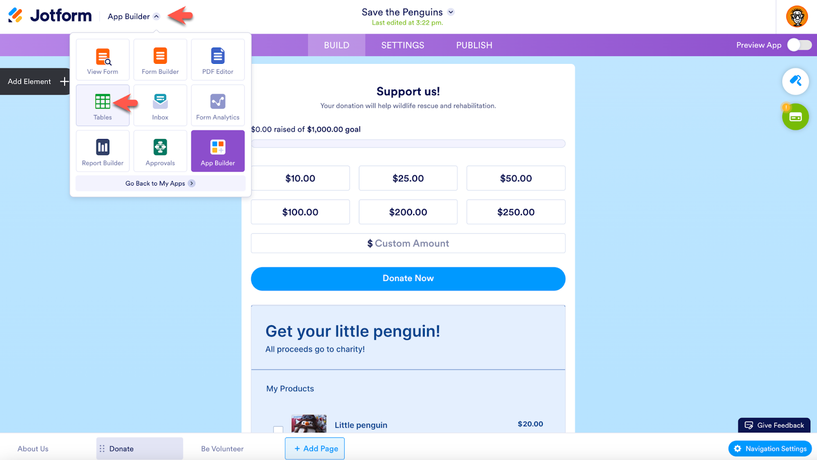Screenshot illustrating the navigation process to 'Jotform Tables' where users can access and review data gathered from the Donation Box Checkout Page