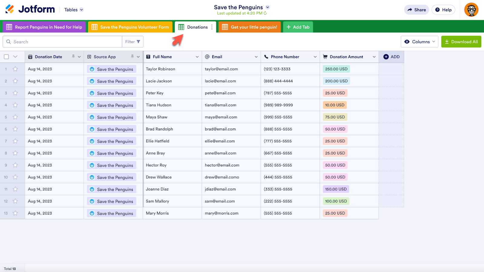 Screenshot highlighting the 'Donations' tab within Jotform Tables