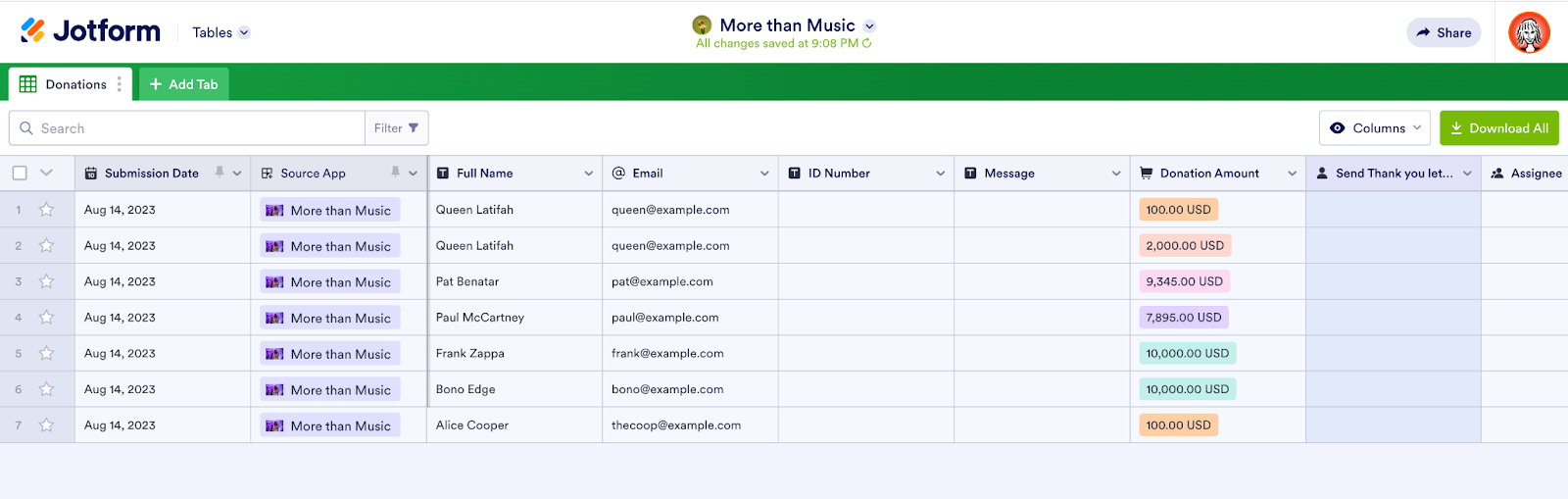 Screenshot showcasing the 'Jotform Enterprise Tables' interface