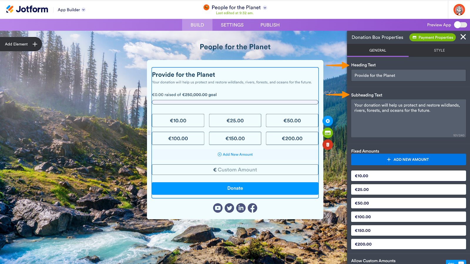 Screenshot of the 'Donation Box' element in the app design interface