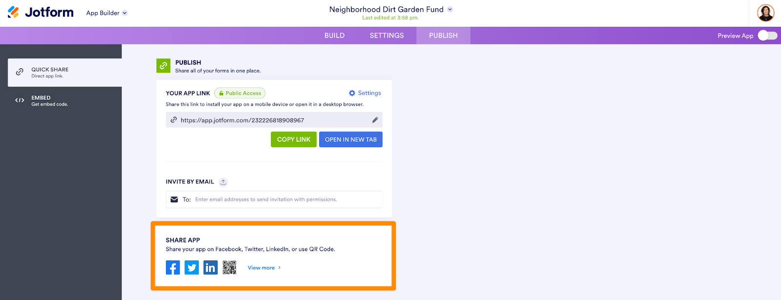 Screenshot of the 'Publish' tab within the app interface
