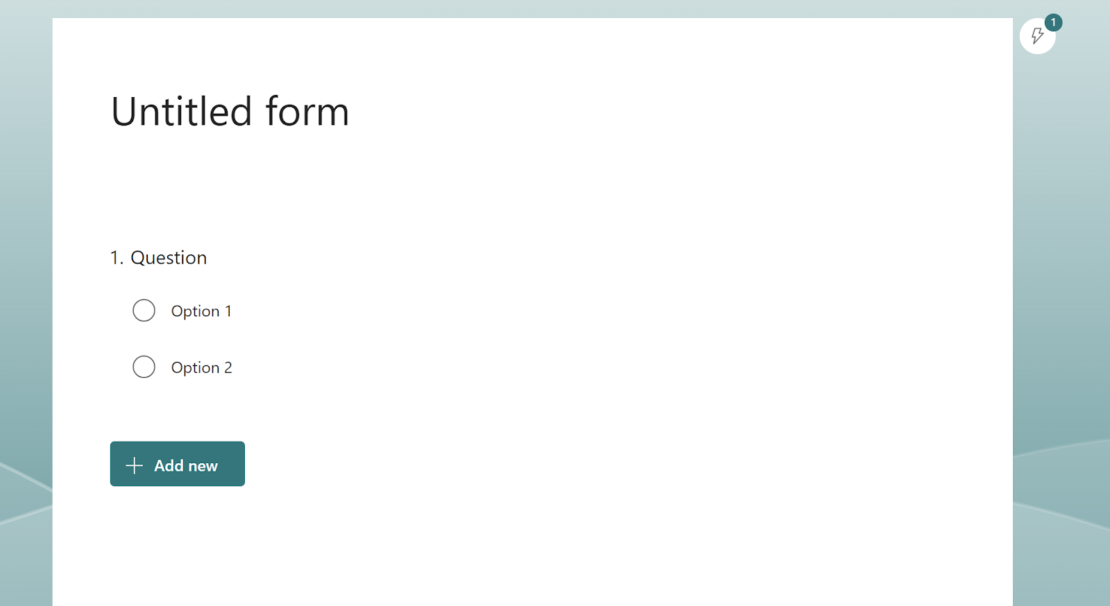 Başlığı "Başlıksız Form" olan, iki seçenekli bir soru ve yeşil "+ yeni ekle" butonuna sahip bir Microsoft Formunun ekran görüntüsü