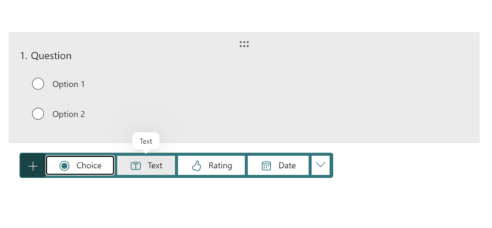 Yeni ekle butonunun seçim, metin, puanlama ve tarih olmak üzere dört seçenek gösterdiği ve metin seçeneğinin vurgulandığı bir Microsoft Forms soru ekran görüntüsü