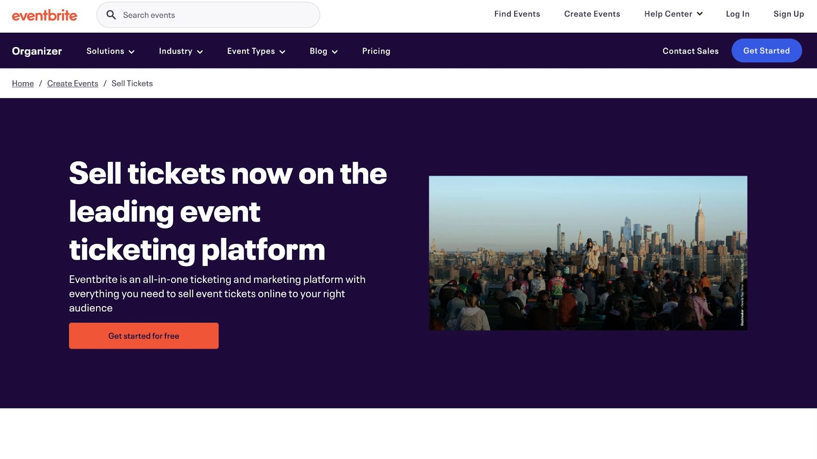 landing page of eventbrite