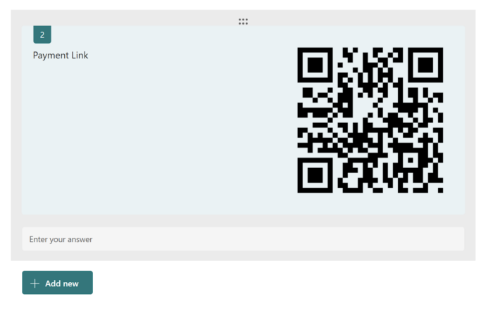 Başlığı "Ödeme Bağlantısı" olan Microsoft Form metin sorusunun sağında örnek bir QR kod görseliyle ekran görüntüsü