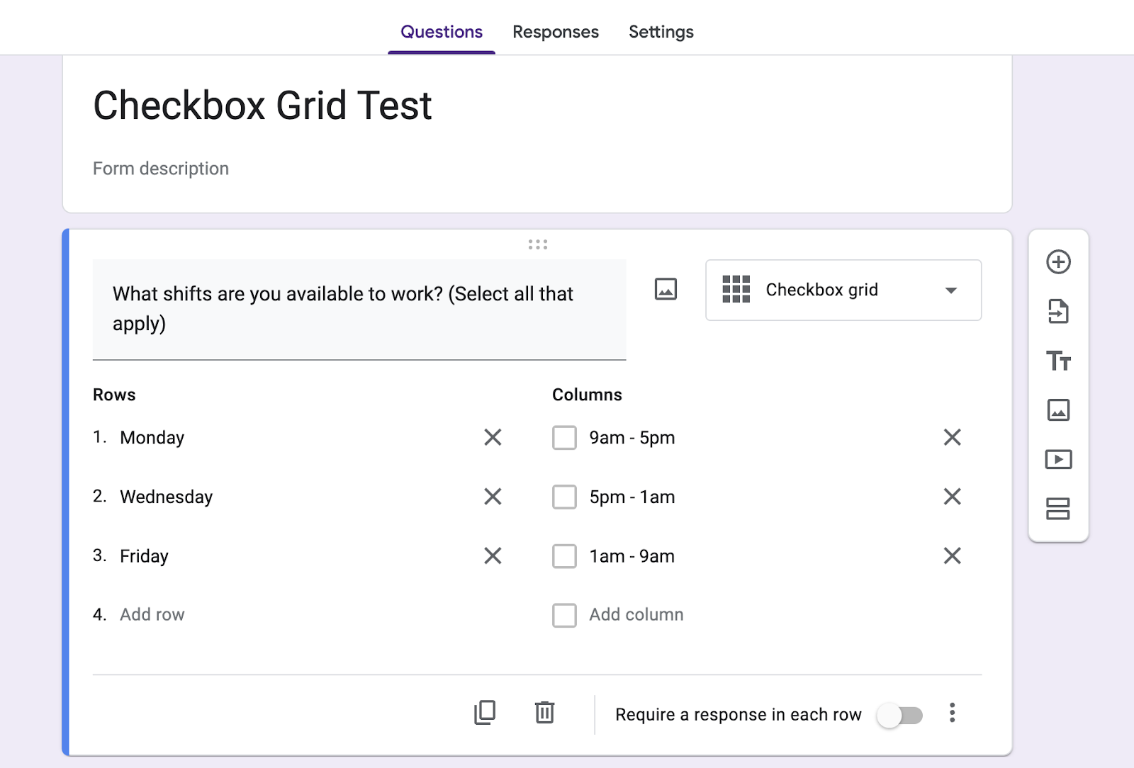 A screenshot of a form editing window, where users can customize their checkbox grid in Google Forms