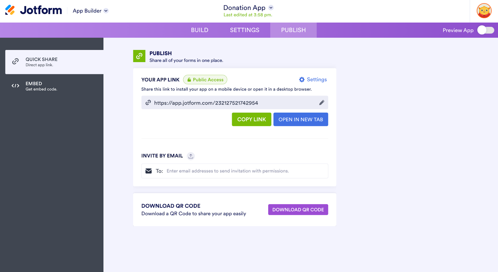 Step-by-step guide for generating a QR code for a donation app built with Jotform