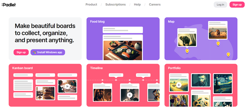 landing page of padlet