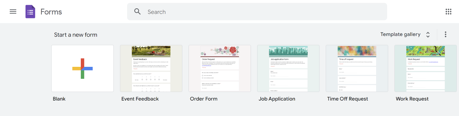 Screenshot of the Google Forms “Start a new form” menu, featuring the template gallery and blank new form options