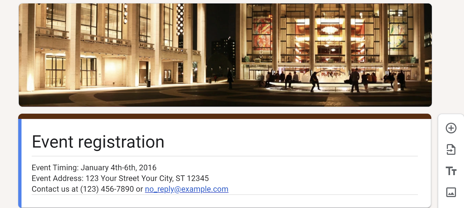 Screenshot of an event registration Google Form with the title “Event registration” and a placeholder description of the event
